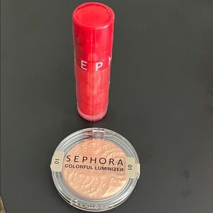 Sephora Colorful Luminizer in Radiant Gold & Lip Plumper in Flame.